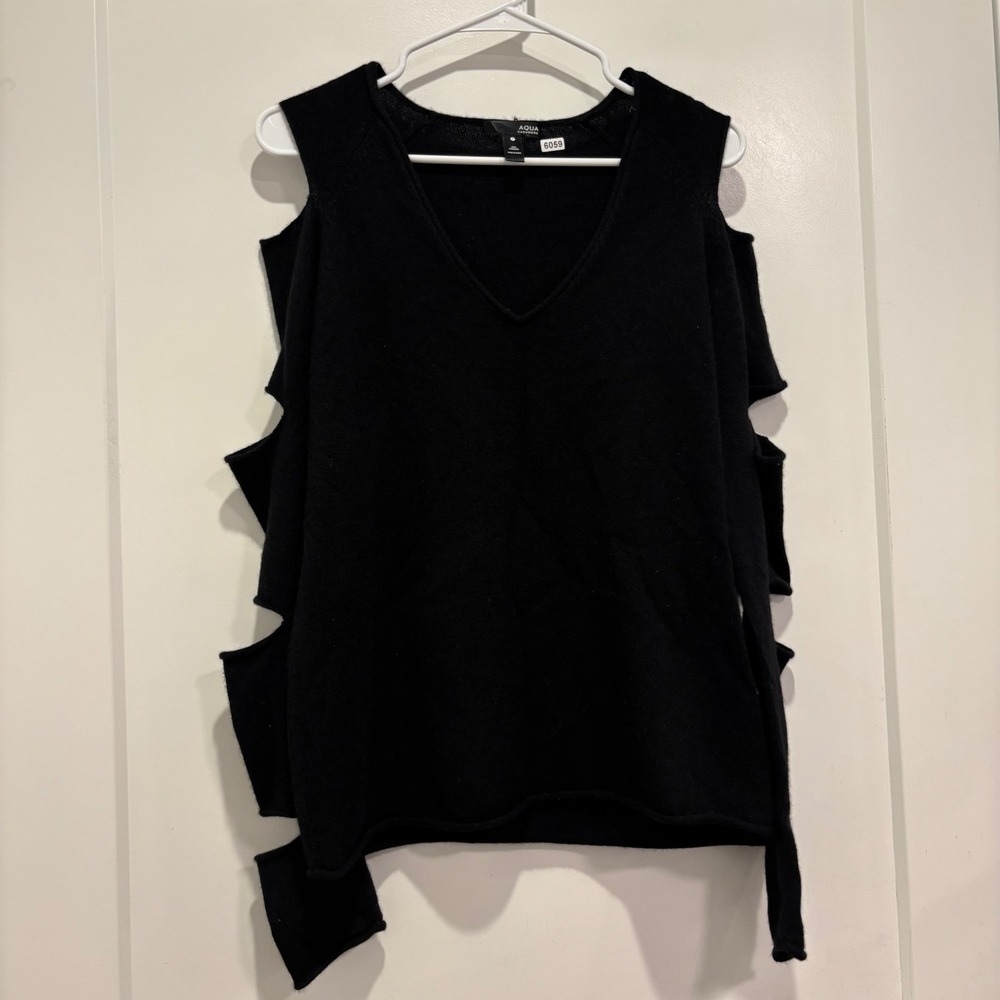 AQUA Cashmere Womens Black V-Neck Cold Shoulder Cut Out Sweater Small Cashmere